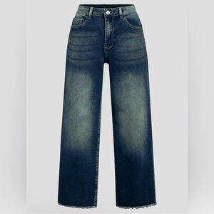 Flamingals Straight Wide Leg Jeans Mid Waisted Casual Raw Hem Denim Capris L